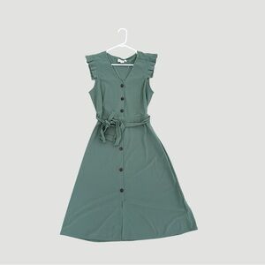 Sage Green Button Front Midi Dress | Cottagecore Ruffle